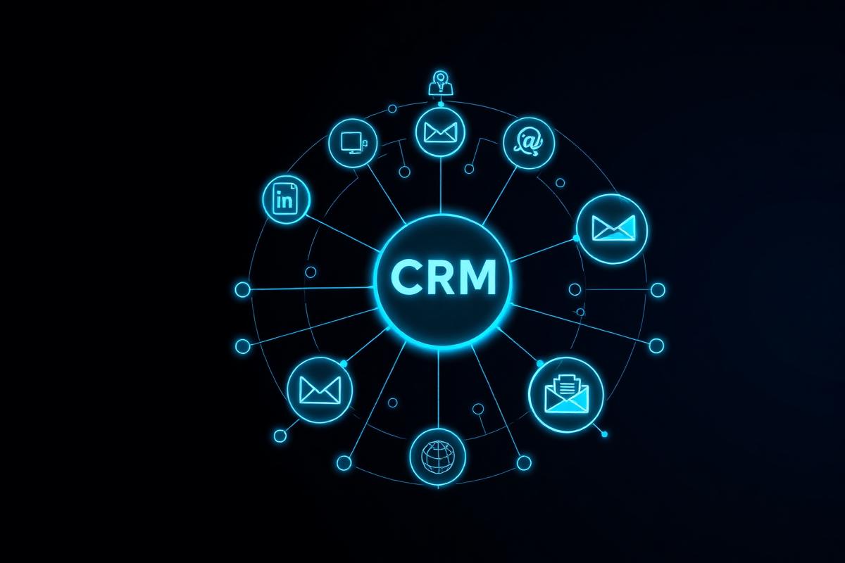 Obchodník s tabletem a AI dashboardem – automatizace obchodu s CRM